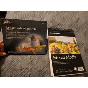 Art Supplies. Mixed Media Drawing Pad And Soft Oil Pastels Set